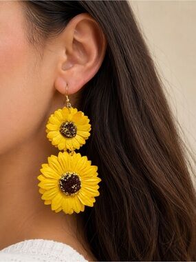 Handmade Sunflower Dangle Earrings Statement Floral Earrings Boho Jewelry